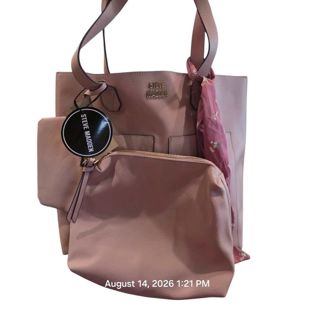 Steve Madden BNELLIE 3 Piece Tote Bag Set Blush Pink Pouches Scarf NWT